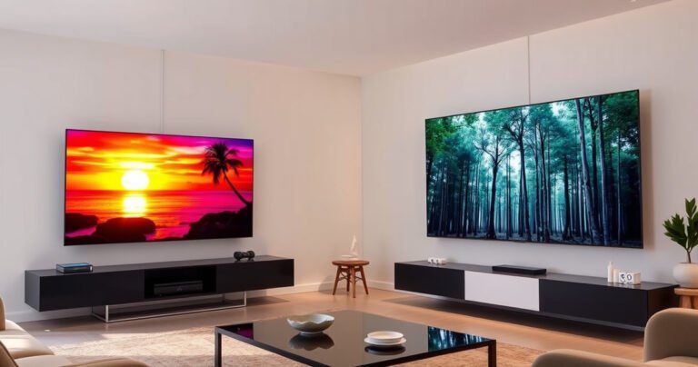 A sleek, modern living room showcasing two vibrant OLED TVs side by side, Samsung S95H on the left with a stunning, vivid display of a tropical sunset, and LG G5 on the right displaying a deep, rich forest scene. The room features minimalist decor, soft lighting, and a cozy ambiance that highlights the technology.