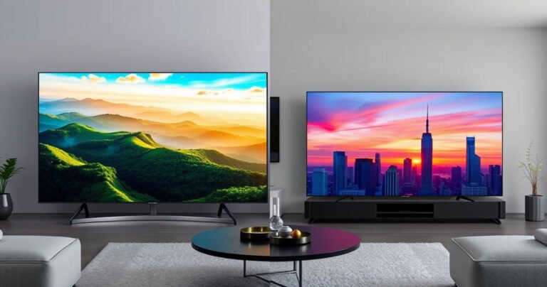 A split-screen comparison of the Samsung S95H and LG G6 OLED TVs, showcasing vibrant, contrasting colors on their screens. One side displays a breathtaking nature scene with rich greens and blues, while the other features an urban skyline at sunset, emphasizing the sleek designs of both models with subtle, modern living room settings in the background.