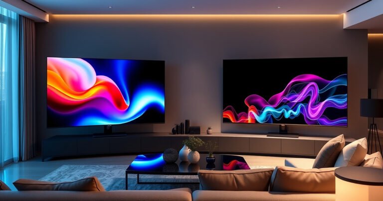 A sleek, modern living room showcasing two high-end televisions side by side: the Samsung S95H displaying vibrant colors and deep blacks, while the LG QNED90T contrasts with sharp details and rich hues. Soft ambient lighting highlights the TVs, with a stylish sofa and decor hinting at a tech-savvy home entertainment experience.