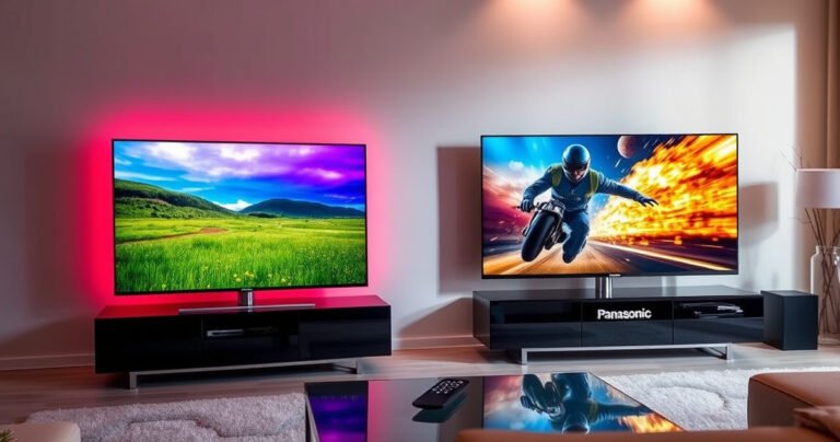 A sleek, modern living room showcasing the Samsung S95H and Panasonic LZ2000 side by side on stylish stands, vibrant colors emanating from both screens, contrasting visuals of a nature scene and an action movie, with a stylish remote in focus. Soft ambient lighting highlights the details of the TVs and the luxurious decor.