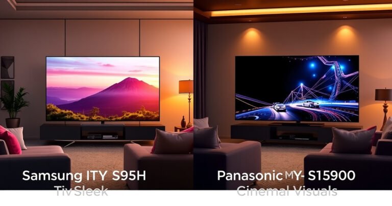 A split-screen comparison of two elegant high-end TVs: on one side, the sleek Samsung S95H displaying vibrant colors and sharp details, surrounded by modern decor; on the other, the Panasonic MZ1500 showcasing deep blacks and cinematic visuals, framed by warm lighting. In the background, a cozy living room setting with plush furniture and a stylish ambiance.