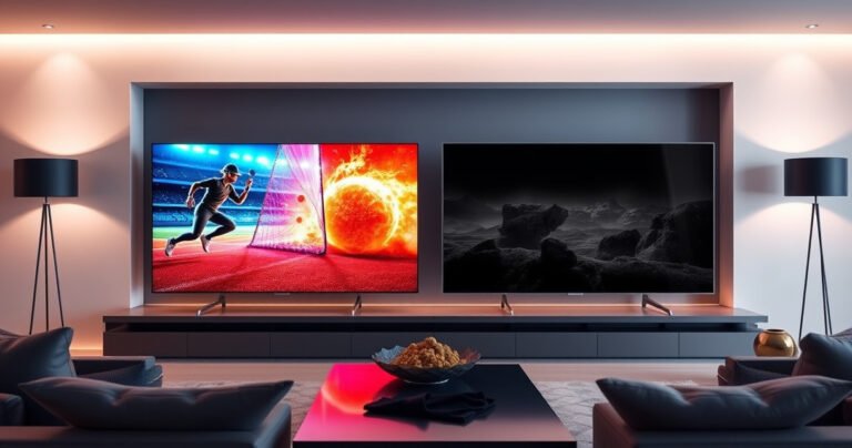 A sleek living room showcasing two stunning OLED TVs side by side, the Samsung S95H radiating vibrant colors with a dynamic sports scene, while the Panasonic MZ2000 displays deep blacks in a cinematic landscape. Soft ambient lighting enhances the modern decor, creating a captivating atmosphere that emphasizes the cutting-edge technology and design of both televisions.