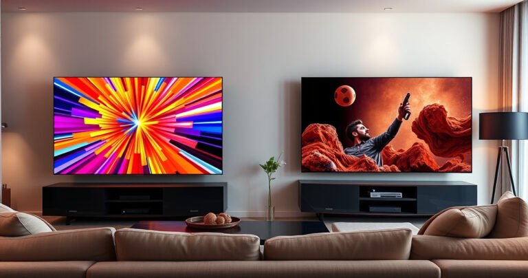 A sleek living room with two stunning televisions side by side: the Samsung S95H radiating vibrant colors and deep contrasts, while the Panasonic W95A showcases its rich, warm hues. Soft ambient lighting highlights their elegant designs, and a cozy sofa invites viewers to compare the immersive viewing experience, sparking a friendly debate over picture quality.