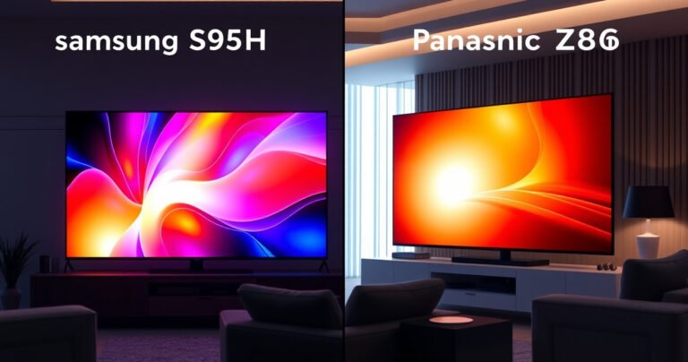 A split-screen comparison showcasing the sleek Samsung S95H on one side, glowing with vibrant colors and sharp details, while the Panasonic Z85B on the other side exudes a warm, cinematic ambiance. Include subtle hints of their unique features, like intricate menus and remote controls, set against a modern living room backdrop with soft lighting.