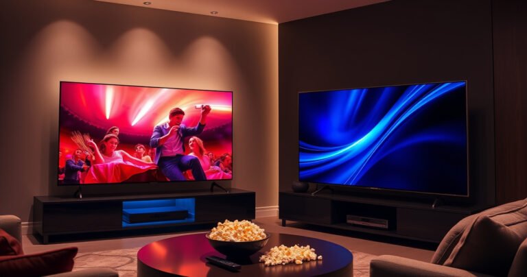 A sleek, modern living room showcasing two stunning televisions side by side: the Samsung S95H with vibrant colors and sharp detail, and the Panasonic Z90A exuding a cinematic aura. Soft ambient lighting highlights the sleek designs, with a cozy couch and a coffee table adorned with popcorn and a remote, inviting viewers into a cinematic experience.