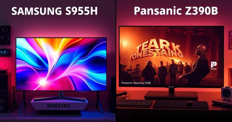 A split-screen comparison of the Samsung S95H and Panasonic Z90B, each showcasing vibrant, high-definition images. The Samsung side features a sleek, modern design with vivid color burst, while the Panasonic side displays a rich, cinematic scene. Background elements include tech gadgets and a glowing, futuristic ambiance, emphasizing cutting-edge technology and innovation.
