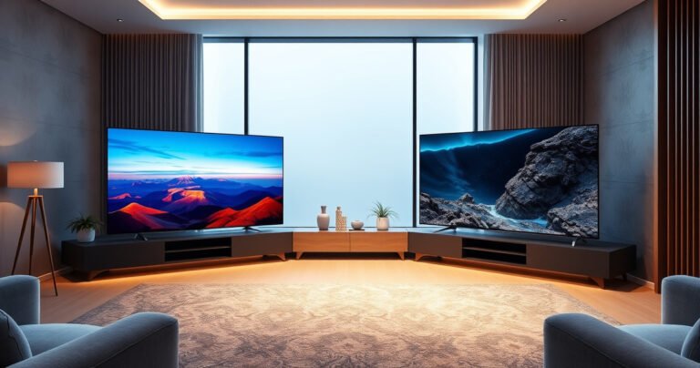 A sleek modern living room showcasing two high-end TVs side by side, the Samsung S95H on the left with vibrant colors, and the Panasonic Z95A on the right with deep contrasts, both displaying stunning visuals of a cinematic landscape. Soft ambient lighting complements the stylish decor, inviting viewers to compare the two screens.