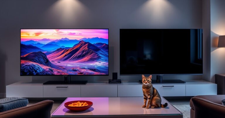 A sleek living room with two stunning TVs side by side, the Samsung S95H displaying vibrant, colorful landscapes, and the Panasonic Z95B showcasing deep, dramatic shadows. Soft ambient lighting creates a cozy atmosphere, while a stylish coffee table holds snacks. A curious cat watches attentively, creating a lively contrast against the modern technology.