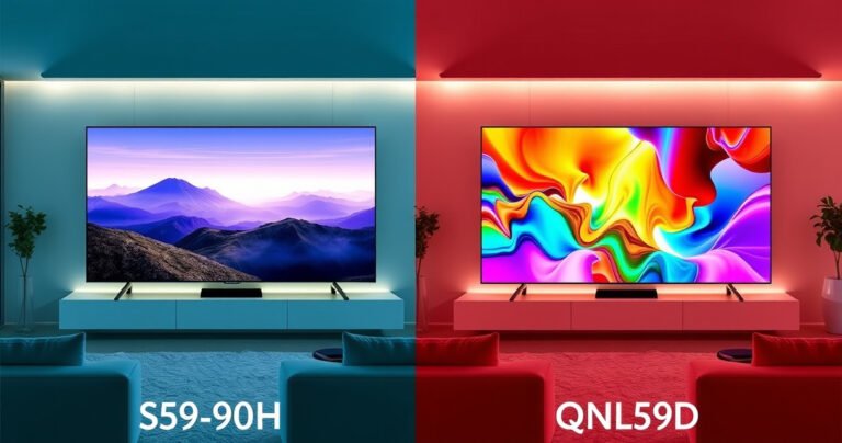 A split-screen comparison of the Samsung S95H and QN90D televisions, showcasing vibrant colors and sharp details in a modern living room setting. One side displays stunning OLED imagery with deep blacks, while the other features bright QLED visuals with vivid colors. The background includes sleek furniture and ambient lighting, emphasizing the technological elegance of both models.