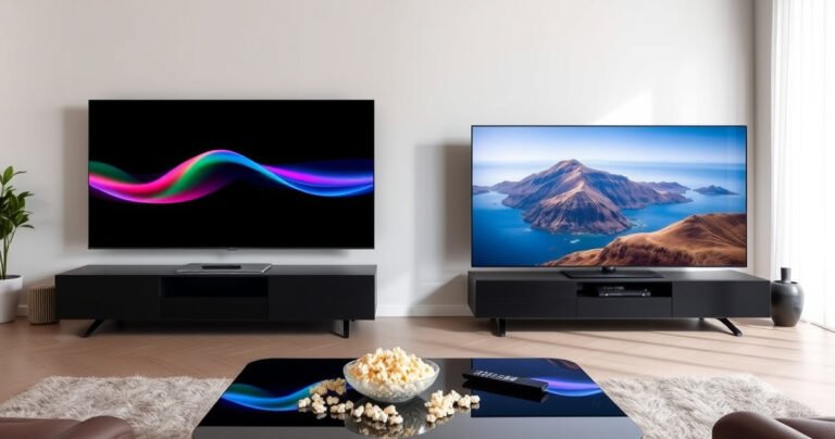 A sleek modern living room featuring two Samsung TVs side by side: the S95H with vibrant colors and deep blacks, and the QN90F showcasing bright, sharp images. Soft ambient lighting highlights the contrast between the two screens, while a stylish coffee table with a remote and popcorn adds a cozy touch to the scene.