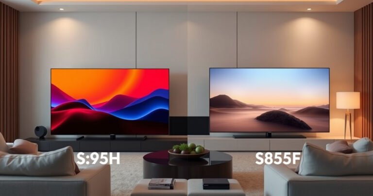 A split-screen comparison of two sleek Samsung TVs, the S95H on the left showcasing vibrant colors and deep contrasts, while the S85F on the right displays subtle hues and softer imagery. Surrounding them, a modern living room with plush furniture and warm lighting, emphasizing the choice between cutting-edge technology and comfort.