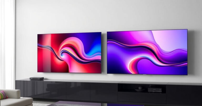 A sleek, modern living room showcasing two Samsung TVs side by side, the S95H on the left with vibrant colors and rich blacks, the S85H on the right displaying softer hues, both mounted on a stylish wall. Soft ambient light filters through a window, highlighting the elegance of the setup.