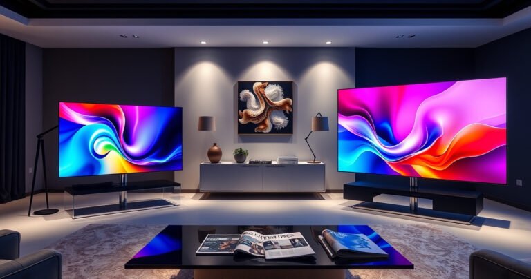 A sleek, modern living room showcasing a Samsung S95H and Samsung S90F side by side on elegant stands, vibrant colors illuminating the screens with dynamic content, soft ambient lighting highlighting the differences in design, and a stylish coffee table adorned with tech magazines, creating a sophisticated atmosphere for a tech-savvy audience.