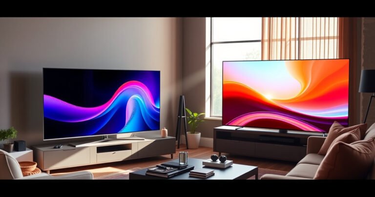 A sleek, modern living room scene featuring two Samsung TVs side by side, the S95H showcasing vibrant colors and deep contrasts, while the S90H displays a softer palette. Bright sunlight streams through a large window, illuminating stylish furniture and tech gadgets, creating a warm, inviting atmosphere for a tech-savvy audience.