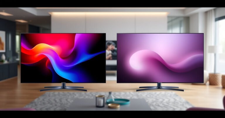 A dramatic split-screen comparison of two sleek Samsung OLED TVs, the S95H on one side showcasing vibrant colors and deep blacks, while the S95F on the other displays a subtler, softer palette. A blurred, modern living room setting in the background, highlighting the TVs' elegant designs, with faint reflections of viewers engaged in the experience.