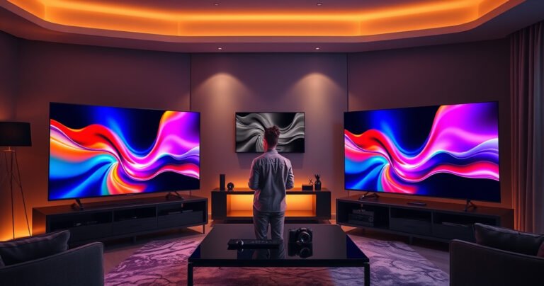 A sleek, modern living room showcasing two stunning Samsung TVs side by side, one displaying vibrant colors and the other rich contrasts, with a stylish coffee table and soft ambient lighting, an inquisitive viewer contemplating their choice, surrounded by tech gadgets and a warm, inviting atmosphere that highlights the allure of cutting-edge home entertainment.