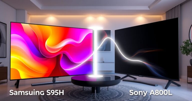 A split-screen image showcasing two stunning 4K OLED TVs side by side, the Samsung S95H on the left with vibrant colors and sleek design, and the Sony A80L on the right with rich blacks and elegant curves. A glowing comparison graph overlays, highlighting key differences, against a backdrop of a modern living room with soft lighting.