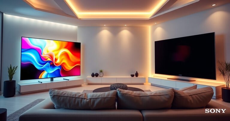 A sleek modern living room showcasing two stunning OLED TVs side by side: the Samsung S95H glows with vibrant colors, while the Sony A95L displays deep blacks and rich contrasts. Soft ambient lighting enhances the luxurious feel, and a cozy couch invites viewers to experience the ultimate home theater showdown.