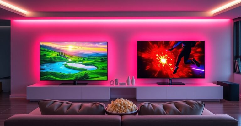 A sleek modern living room illuminated by vibrant colors from two stunning TVs: the Samsung S95H displays a breathtaking nature scene with vivid greens and blues, while the Sony BRAVIA 7 showcases a cinematic action shot bursting with fiery reds and deep shadows. A cozy couch in front, popcorn bowl ready, inviting viewers to compare.