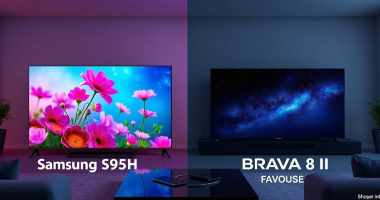 A dynamic side-by-side comparison of two stunning OLED TVs, the Samsung S95H and Sony BRAVIA 8 II, showcasing vibrant colors and deep contrasts. The screen displays a captivating nature scene, with vivid flowers and a starry night sky, while a sleek living room setting enhances the elegance of both televisions, inviting viewers to choose their favorite.