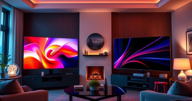 A vibrant living room scene showcasing two sleek, modern TVs side by side: the Samsung S95H glowing with rich colors, and the Sony BRAVIA 8 displaying stunning contrast. The room is filled with stylish decor, soft lighting, and a cozy seating area, inviting viewers to experience the ultimate home entertainment showdown.