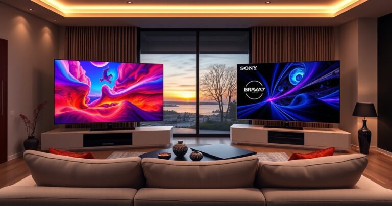 A sleek, modern living room showcasing the Samsung S95H and Sony BRAVIA 9 II televisions side by side, each displaying vibrant, high-definition images. Soft ambient lighting highlights the elegant designs, while a cozy sofa invites viewers to imagine their ultimate viewing experience, surrounded by stylish decor and a large window revealing a sunset outside.