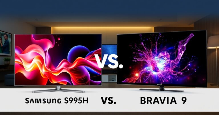 A dynamic split-screen showdown featuring the Samsung S95H and Sony BRAVIA 9, each showcasing vibrant, lifelike colors and intricate details from a cinematic scene. The left side gleams with Samsung's sleek design and vivid hues, while the right side radiates Sony's sharp contrast and depth, set against a modern living room backdrop with ambient lighting.