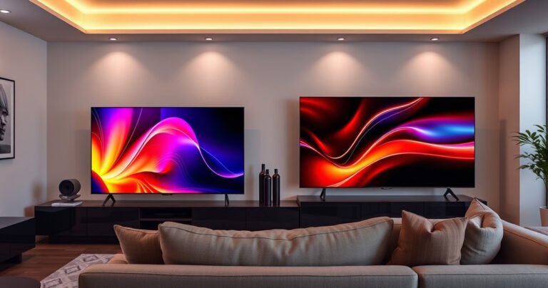 A sleek living room showcasing two high-end TVs side by side: the Samsung S95H glowing with vibrant colors and deep blacks, while the Sony X90L displays rich, dynamic contrast. Soft ambient lighting highlights their modern designs, and a cozy couch invites viewers to experience the ultimate home theater showdown.