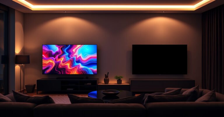 A sleek modern living room featuring two high-end TVs side by side, the Samsung S95H displaying vibrant colors and sharp details, while the Sony X95L boasts deep blacks and stunning contrast. The room is dimly lit, with a cozy sofa and stylish decor, emphasizing the brilliance of each screen as a warm glow envelops the scene.