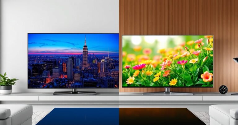 A split-screen comparison of two vibrant TVs: on one side, the sleek Samsung S95H displaying a stunning cityscape at twilight, rich colors and deep contrasts; on the other, the TCL C6K showcasing a vibrant nature scene, lush greens and bright flowers, both set against a minimalistic modern living room, inviting viewers to explore their features.
