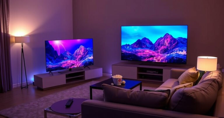 A modern living room featuring the sleek Samsung S95H and the stylish TCL C755, both displaying vibrant, high-definition images. Soft ambient lighting highlights the TVs, while a cozy sofa invites viewers in. A side table holds popcorn and a remote, creating a cinematic atmosphere that showcases the battle of cutting-edge technology in home entertainment.