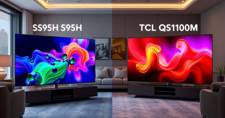 A dramatic side-by-side comparison of the Samsung S95H and TCL Q10M Ultra televisions, showcasing their sleek designs and vibrant screens displaying colorful visuals. The background features a modern living room setting with cozy furniture, soft lighting, and a subtle hint of technology, emphasizing the excitement of cutting-edge display innovation and home entertainment.