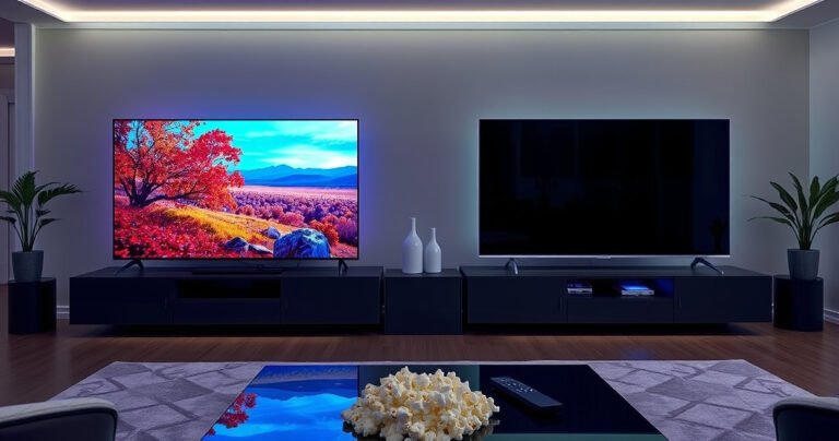 A sleek living room showcasing two stunning televisions side by side: the Samsung S95H with vibrant colors and sharp details displaying a nature scene, and the TCL QM6K glowing with deep blacks and rich hues. Soft ambient lighting highlights the modern decor, while a stylish coffee table holds popcorn and remote controls, inviting viewers to compare.