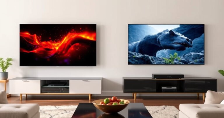 A sleek, modern living room showcasing two stunning televisions side by side: the Samsung S95H with vibrant colors and deep blacks displaying a cinematic scene, and the TCL QM7K with brilliant clarity showcasing a nature documentary. Soft ambient lighting enhances the contrast, inviting viewers to explore the ultimate home entertainment experience.