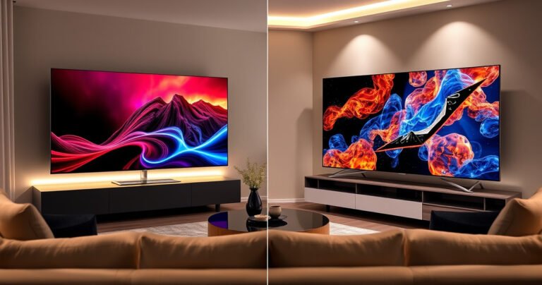 A sleek living room showcases two high-end TVs side by side: the Samsung S95H with vibrant colors and deep blacks, and the TCL QM8 with its impressive brightness and vivid details. Soft ambient lighting enhances their features, while a modern sofa and decorative elements create an inviting atmosphere, emphasizing the contrast between the two models.