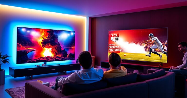 A sleek, modern living room illuminated by vibrant colors from two large, cutting-edge televisions side by side. The Samsung S95H displays a stunning, cinematic scene, while the TCL QM8K showcases a dynamic sports game. An enthusiastic viewer sits on a stylish couch, captivated by the visual brilliance, surrounded by popcorn and a cozy atmosphere.
