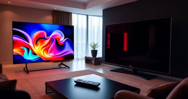 A sleek, modern living room showcasing two high-end TVs: the Samsung S95H on the left with vibrant colors and sharp details, the TCL QM8L on the right glowing with deep blacks and rich contrast. A remote control lies between them, with a subtle glow of a digital screen reflecting the room's warm ambiance.