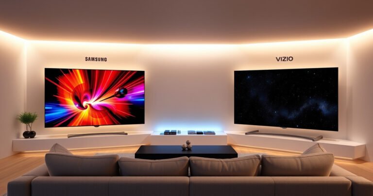 A sleek, modern living room showcasing two stunning 4K TVs side by side: Samsung S95H radiating vibrant colors with rich contrast on the left, Vizio M55Q7-H1 displaying deep blacks and brilliant details on the right. Ambient lighting highlights the elegance, while a cozy couch invites viewers to imagine their ultimate entertainment experience.
