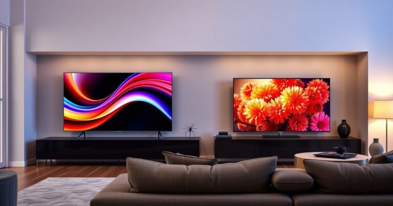 A sleek, modern living room showcasing two stunning televisions side by side: the Samsung S95H with vibrant colors and deep blacks, and the Vizio M65Q7-H1 glowing with rich hues. Soft ambient lighting casts a warm glow, while a cozy couch and stylish decor complete the inviting atmosphere, emphasizing the allure of cutting-edge technology in home entertainment.