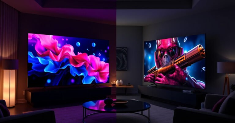 A dramatic split-screen comparison showcasing the sleek Samsung S95H and the elegant Vizio OLED55-H1, both displaying vibrant, lifelike colors in a dimly lit modern living room. Half the room features the Samsung's sharp details and rich blacks, while the other half highlights the Vizio’s deep contrast and immersive visuals, accented by soft ambient lighting.