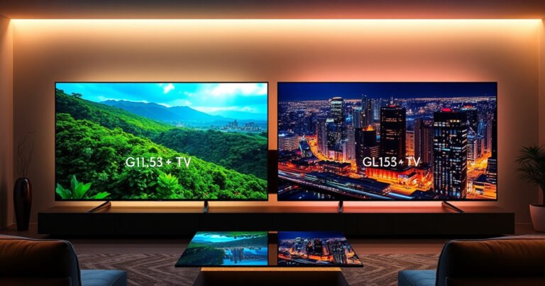 A dramatic split-screen comparison of two sleek OLED TVs glowing with vibrant colors, one showcasing a stunning nature scene bursting with lush greens and deep blues, the other displaying a dynamic cityscape at night with shimmering lights. The background features a stylish living room setting, emphasizing modern design and technology.