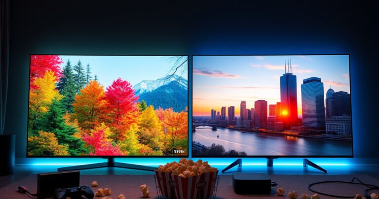 A dynamic split-screen scene showcasing two stunning televisions: on one side, the sleek Samsung S95H displaying vibrant colors of a lush forest, while on the other, the Vizio P65Q9-H1 presents a crisp city skyline at sunset. The contrasting visuals highlight their vibrant capabilities, surrounded by a subtle glow of tech gadgets and popcorn for an engaging viewing experience.