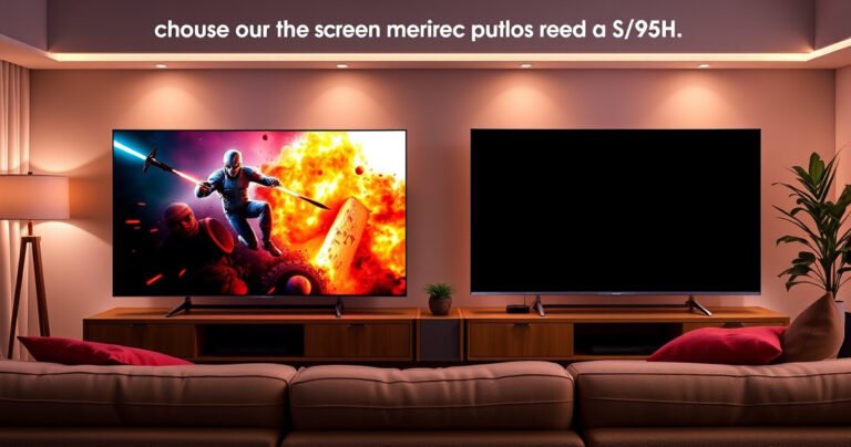 A vibrant living room scene showcasing two stunning TVs side by side: the sleek Samsung S95H with its vivid colors displaying a high-action scene, contrasted against the Vizio P75Q9-H1 showcasing rich, deep blacks. Soft ambient lighting highlights the modern decor, while a cozy couch invites viewers to choose their perfect screen for cinematic experiences.