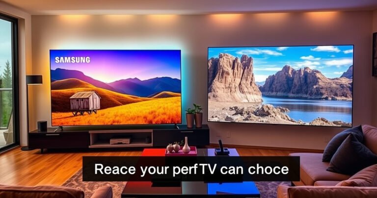 A sleek, modern living room with two large TVs side by side: the Samsung S95H glowing with vibrant colors, showcasing a stunning nature scene, while the Vizio V505-H9 displays a contrasting, sharp image. The setting is cozy, with warm lighting, plush sofas, and a coffee table with tech gadgets, inviting viewers to discover their perfect TV choice.