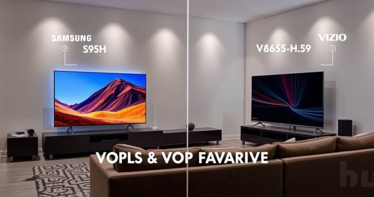 A sleek living room featuring two distinct TVs: the Samsung S95H, showcasing vibrant colors and sharp details, and the Vizio V655-H9, with its modern design and deep contrast. Soft ambient lighting highlights their features, while a cozy couch invites viewers to choose their favorite. A subtle tech-themed background adds a contemporary touch.