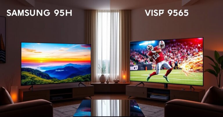A split-screen comparison of the Samsung S95H and Vizio VQP65C-1 televisions, showcasing vibrant colors and sharp contrasts, set in a modern living room. Warm cozy lighting highlights sleek designs, while a vivid nature scene plays on one TV and a thrilling sports event on the other, drawing viewers into the visual experience.