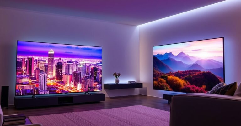 A sleek modern living room showcasing two stunning OLED TVs: the Samsung S99H on the left, vibrant and immersive, featuring a dynamic cityscape, and the LG B5 on the right, displaying a serene nature scene with rich colors. Soft ambient lighting creates a warm atmosphere, with a cozy sofa and stylish decor in the background.