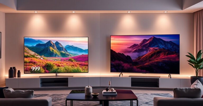 A sleek living room interior showcasing two ultra-thin OLED TVs side by side, the Samsung S99H on the left with vibrant colors and sharp details, the LG B6 on the right with deep blacks and rich hues, both displaying a stunning nature scene, surrounded by modern decor and soft ambient lighting for a tech-savvy atmosphere.