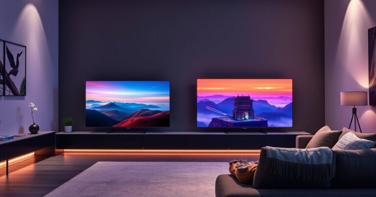A sleek, modern living room showcasing the Samsung S99H and LG C4 OLED TVs side by side, vibrant colors glowing from their screens displaying a cinematic landscape. Soft ambient lighting enhances the contemporary decor, while a cozy couch invites viewers to experience the ultimate home theater. A subtle tech-inspired aesthetic permeates the scene, highlighting innovation and choice.