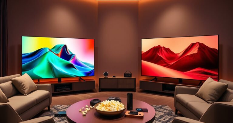 A sleek, modern living room featuring the Samsung S99H and LG C5 OLED televisions side by side, showcasing vibrant colors and sharp images. Soft ambient lighting casts a warm glow, with a stylish coffee table adorned with tech gadgets and a bowl of popcorn, creating an inviting atmosphere for movie night discussions.